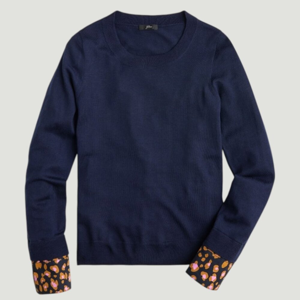 J.Crew Tippi Sweater Women M Navy Merino Wool Leopard Cuffs Preppy Chic